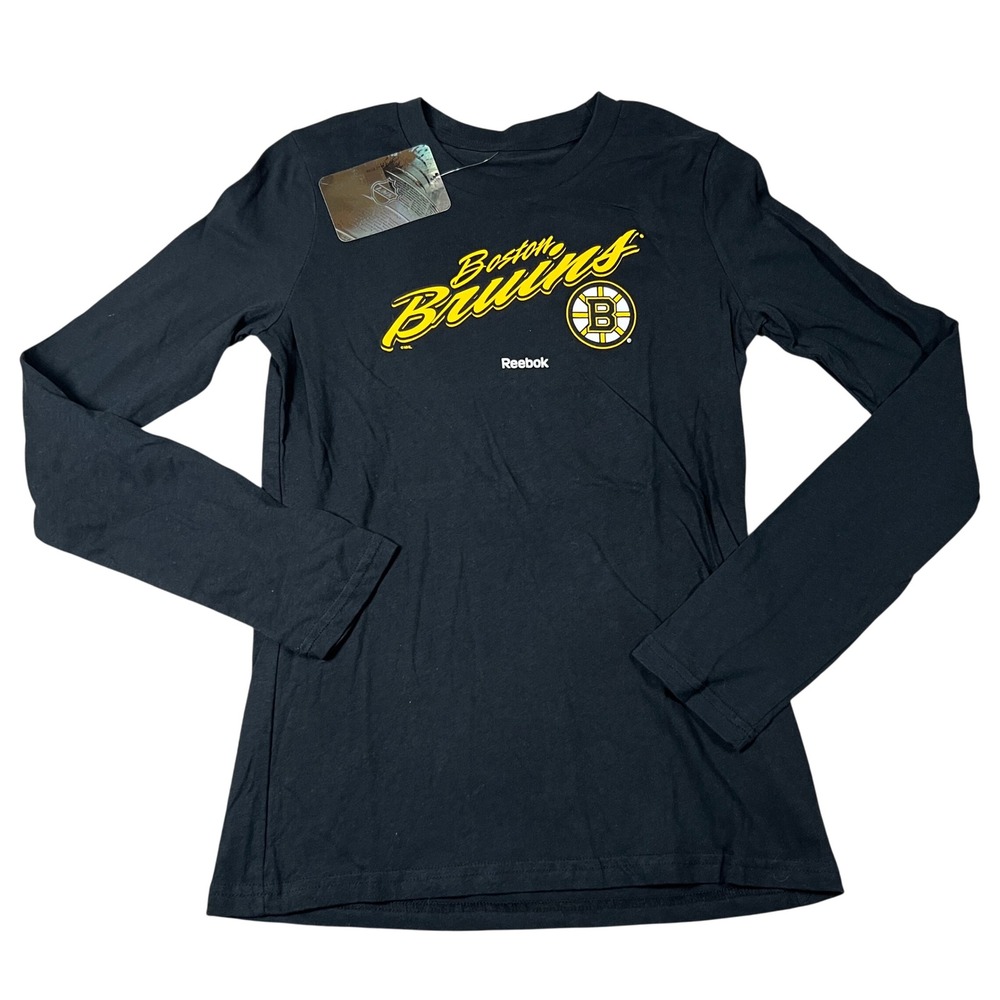 Reebok Boston Bruins Kids Long Sleeve Shirt Black NHL Graphic Tee Size L 14 NEW